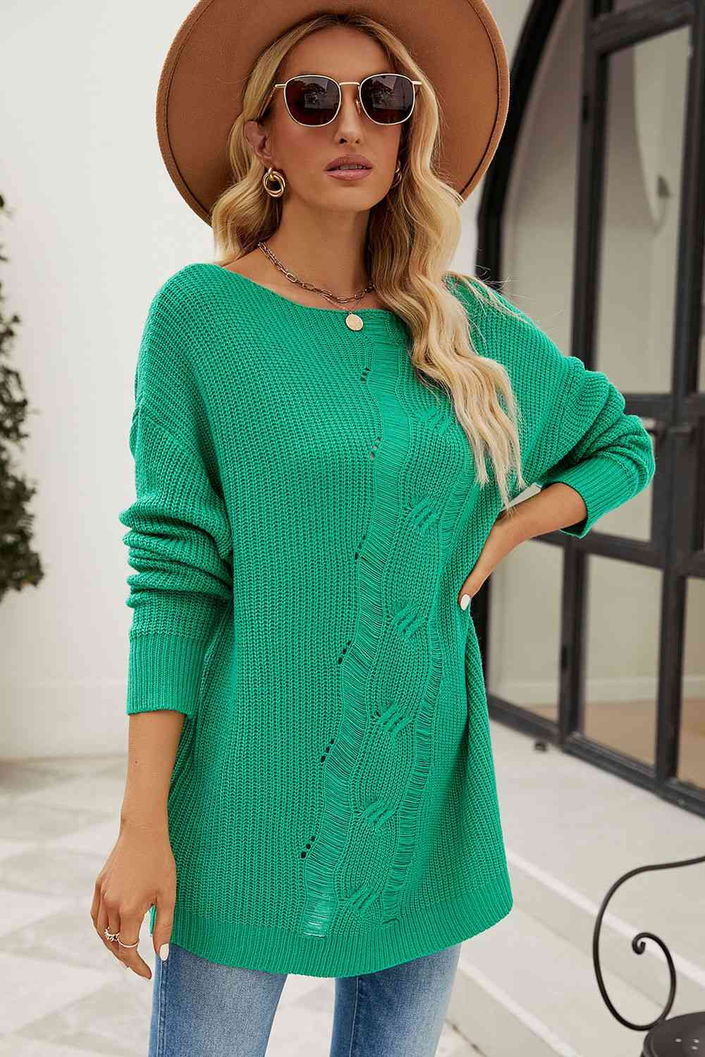 Boat Neck Dropped Shoulder Knit Top Bazaarbey