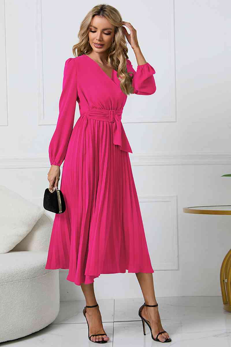 V-Neck Long Sleeve Tie Waist Midi Dress Bazaarbey