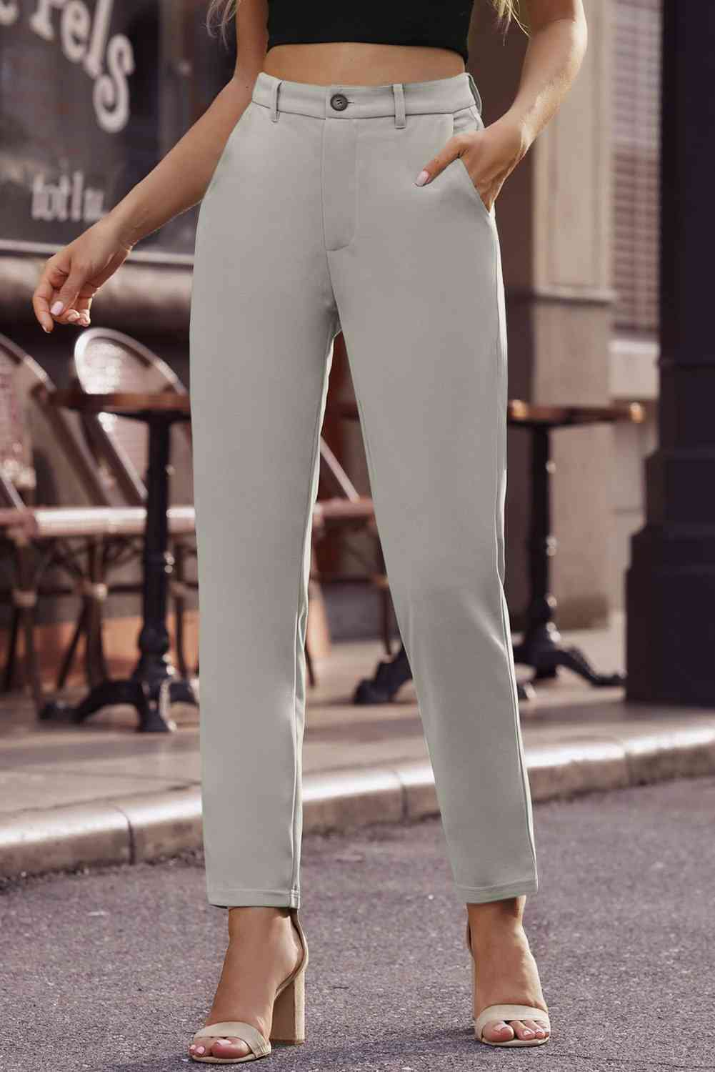 Ankle-Length Straight Leg Pants with Pockets Bazaarbey