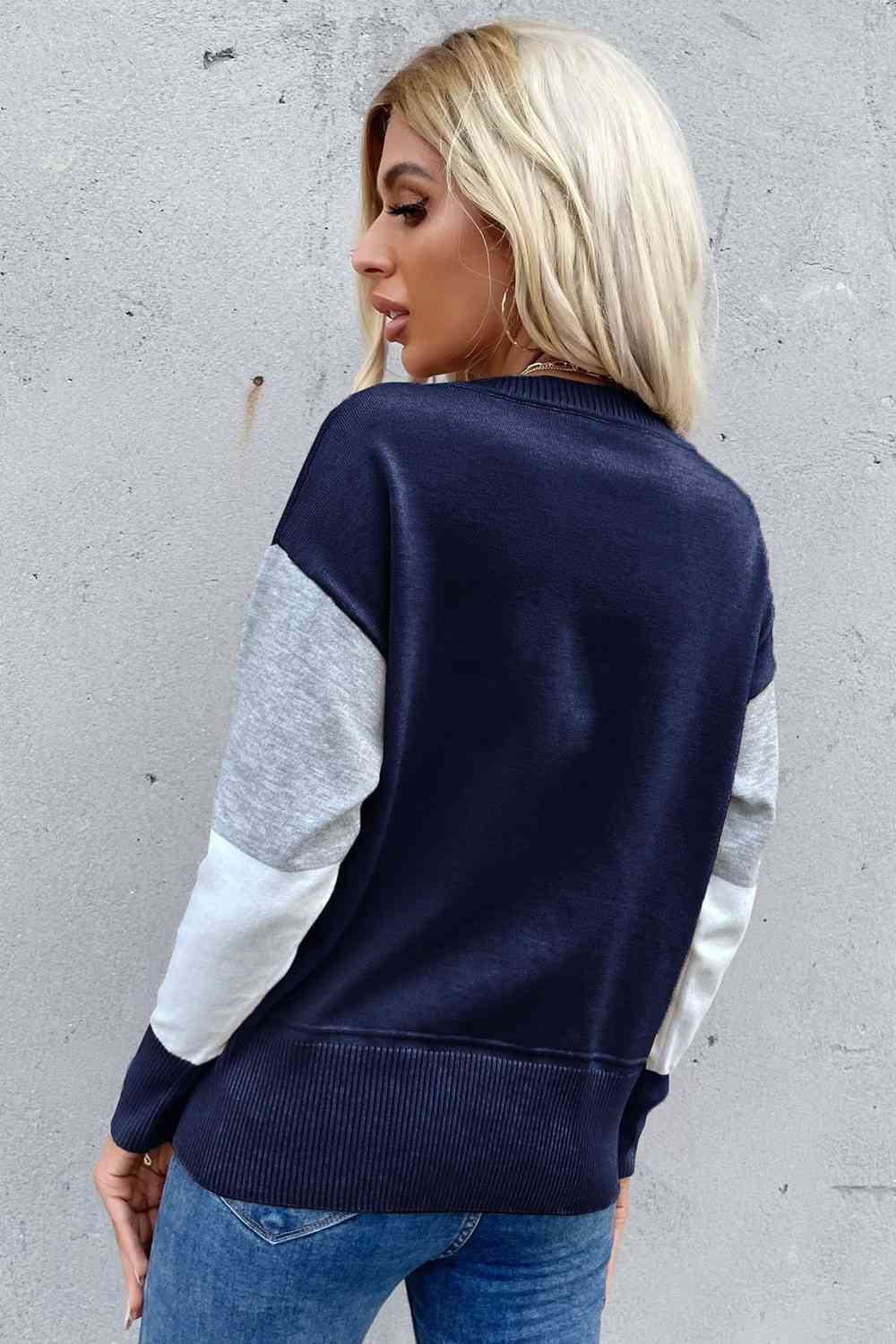  Ribbed Trim Round Neck Knit Pullover Trendsi