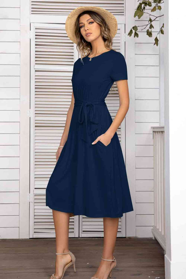 Belted Tee Dress With Pockets -BazaarBey - www.shopbazaarbey.com