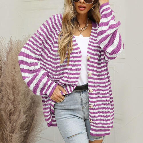 Striped Button Down Long Sleeve Cardigan Trendsi