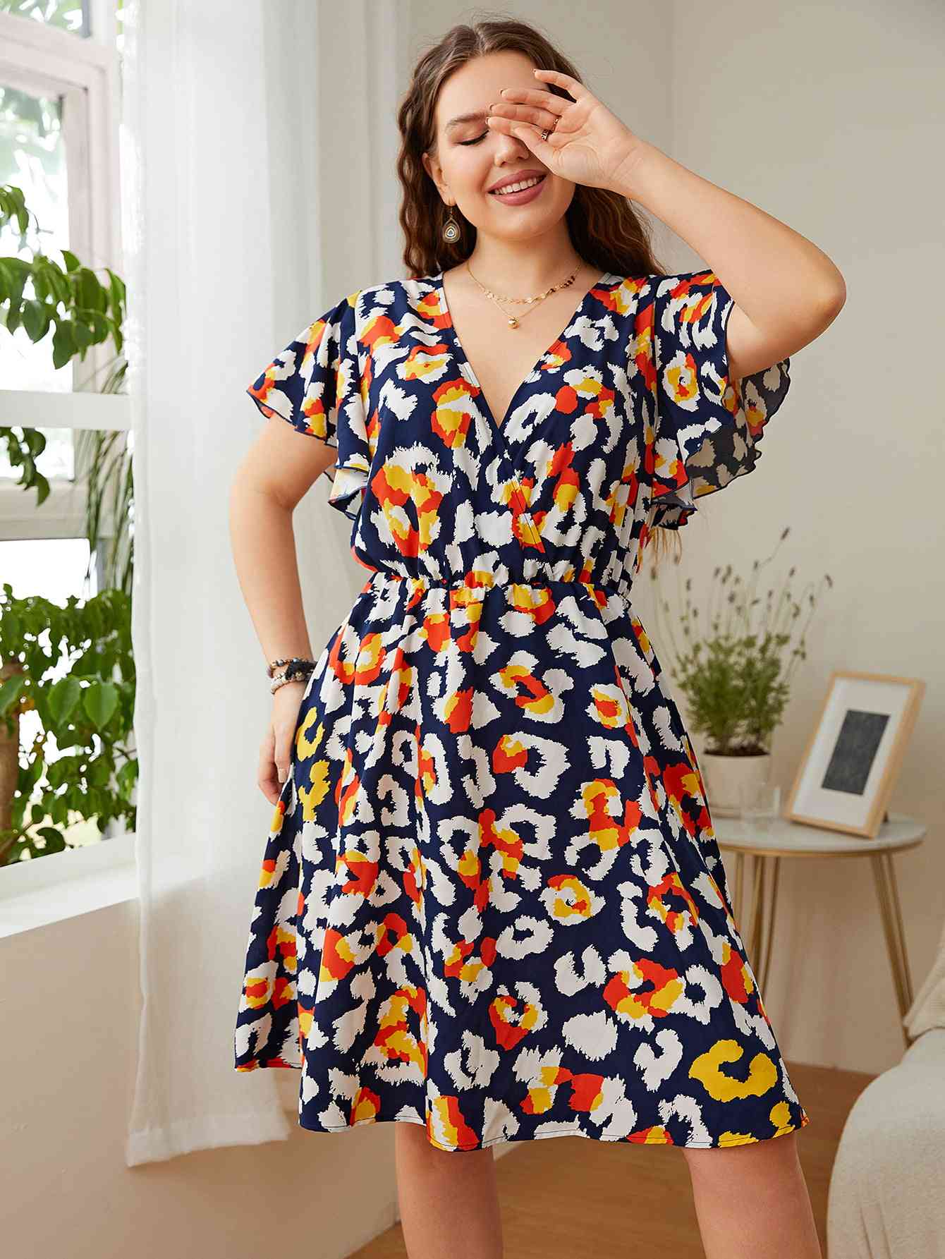 Plus Size Leopard  Neck Flutter Sleeve Dress -BazaarBey - www.shopbazaarbey.com