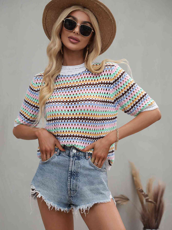 BazaarBey Striped  Half Sleeve Knit Top 