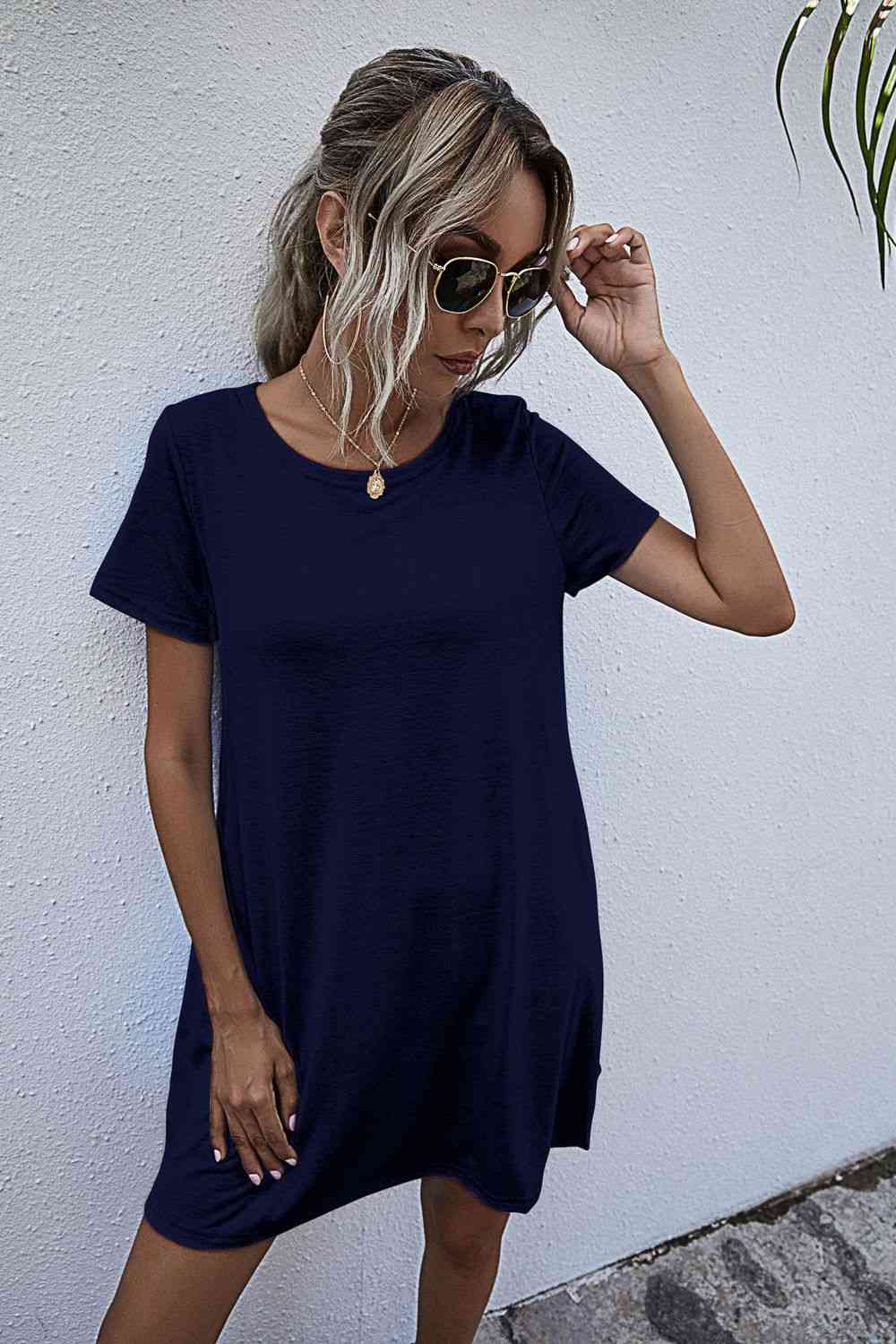 Round Neck Short Sleeve Mini Dress -BazaarBey - www.shopbazaarbey.com