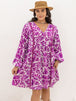 Plus Size Printed V-Neck Balloon Sleeve Mini Dress Bazaarbey