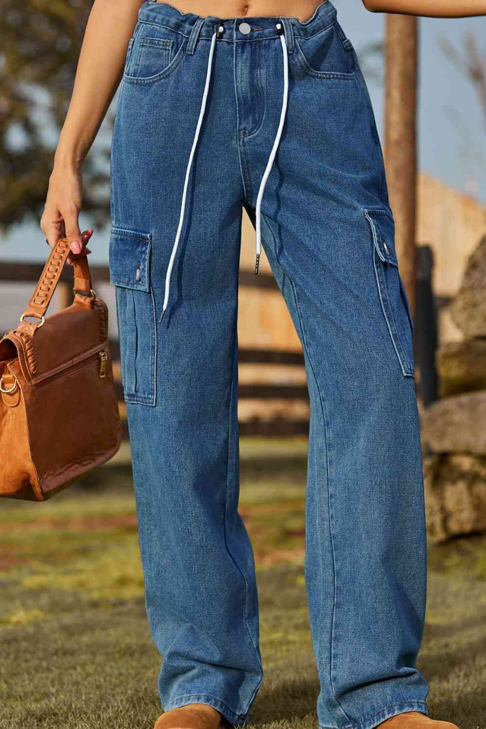 Loose Fit Drawstring Jeans with Pocket Bazaarbey