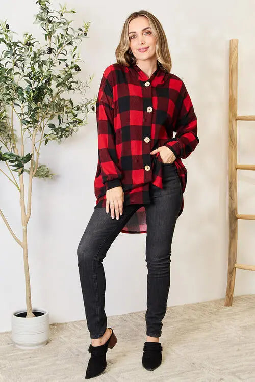  Full Size Plaid Button Front Hooded Shirt Trendsi