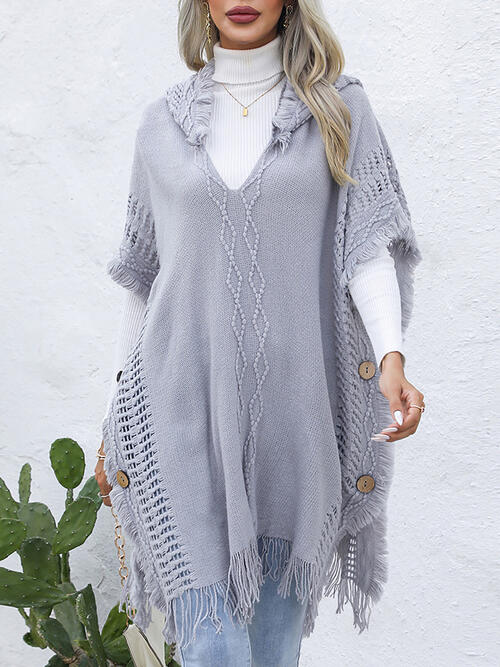 Fringe Trim Buttoned Hooded Poncho Bazaarbey