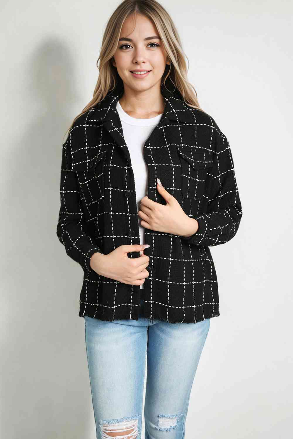 Plaid Raw Hem Jacket with Pockets Trendsi