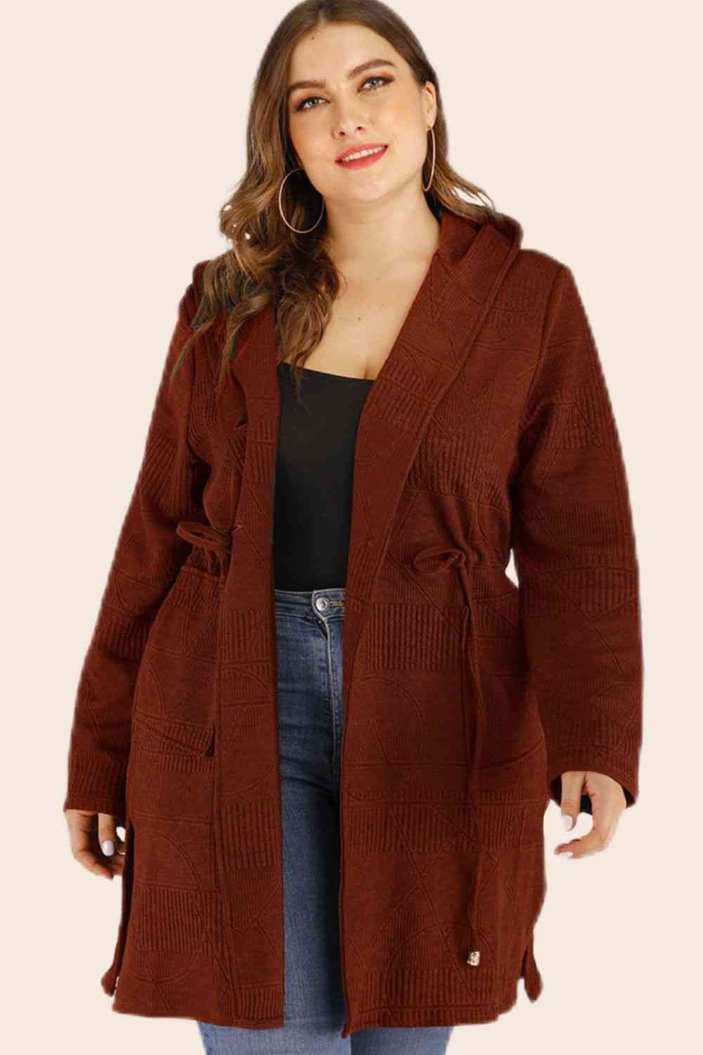  Drawstring Waist Hooded Cardigan with Pockets Trendsi