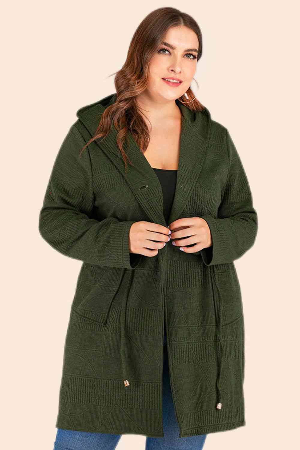  Drawstring Waist Hooded Cardigan with Pockets Trendsi