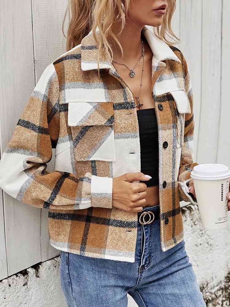  Plaid Collared Neck Jacket with Breast Pockets Trendsi