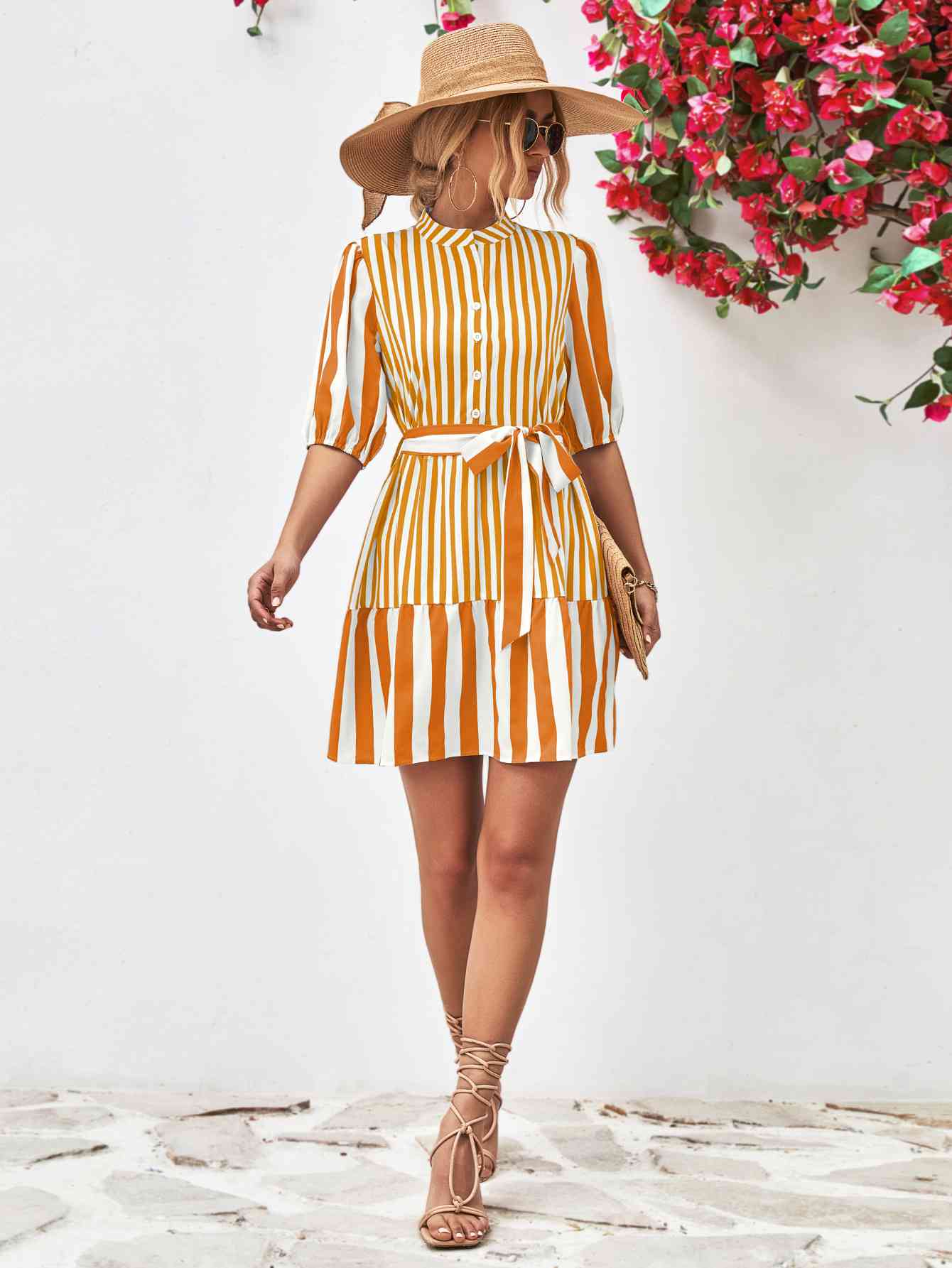 Striped Half Sleeve Tie Waist Mini Dress -BazaarBey - www.shopbazaarbey.com