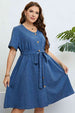 Tie-Waist Button Front Short Sleeve Dress -BazaarBey - www.shopbazaarbey.com