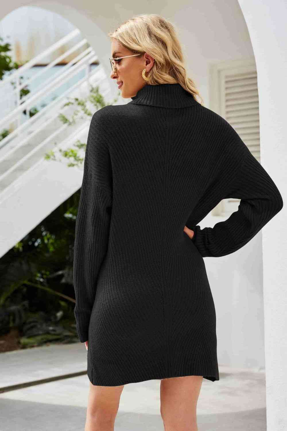  Rib-Knit Turtleneck Drop Shoulder Sweater Dress Bazaarbey