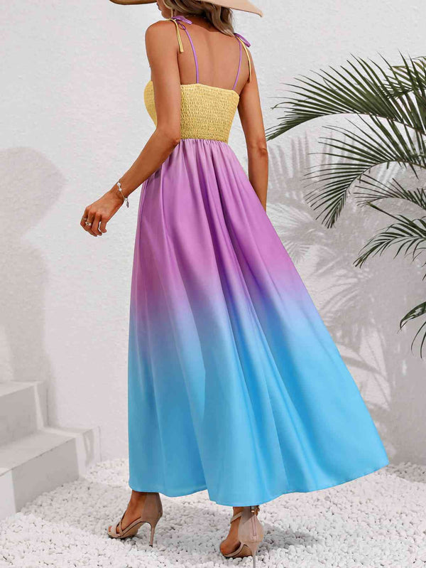 Color Block Tie Shoulder Smocked Maxi Dress Bazaarbey