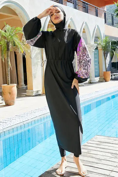  Drawstring Printed Long Sleeve Dress and Pants Swim Set Bazaarbey