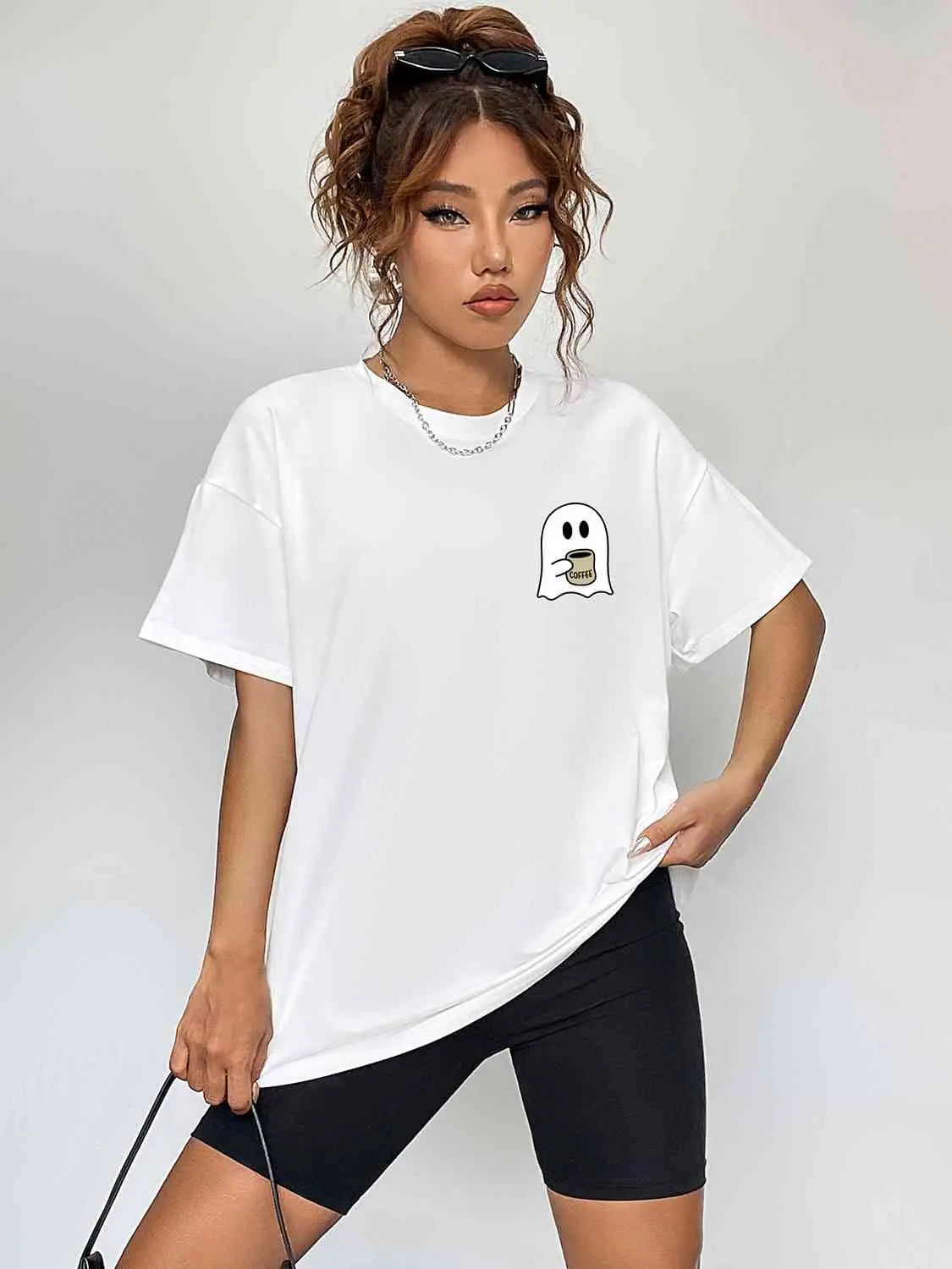 Round Neck Short Sleeve Ghost Graphic T-Shirt Bazaarbey