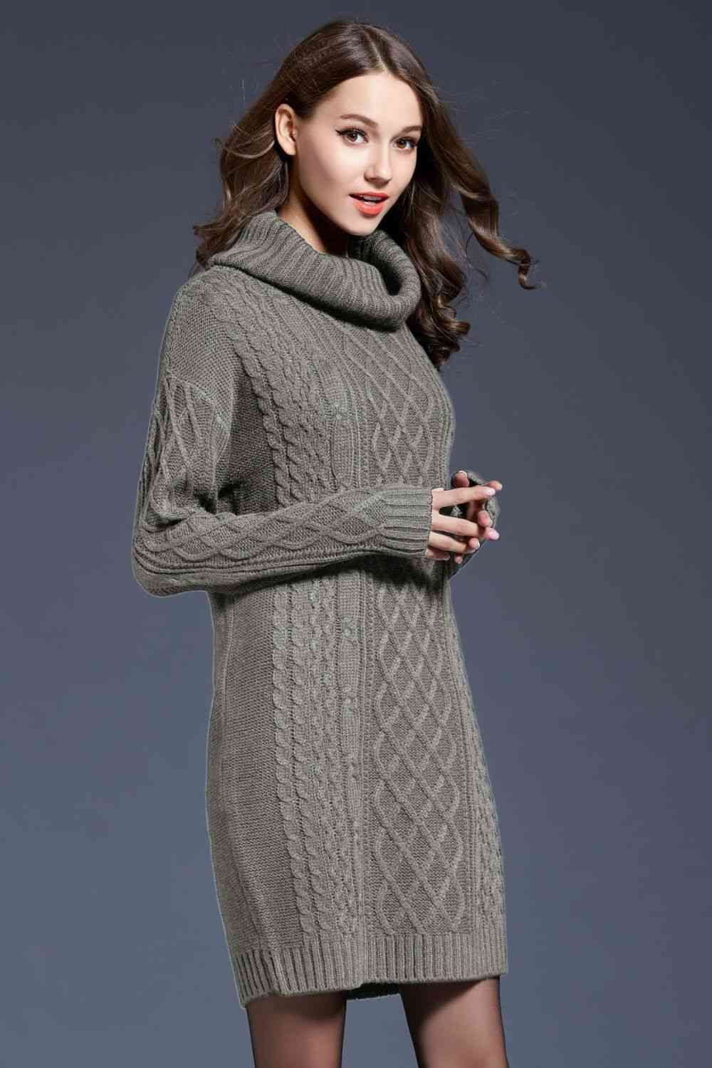 Woven Right Full Size Mixed Knit Cowl Neck Dropped Shoulder Sweater Dress Bazaarbey