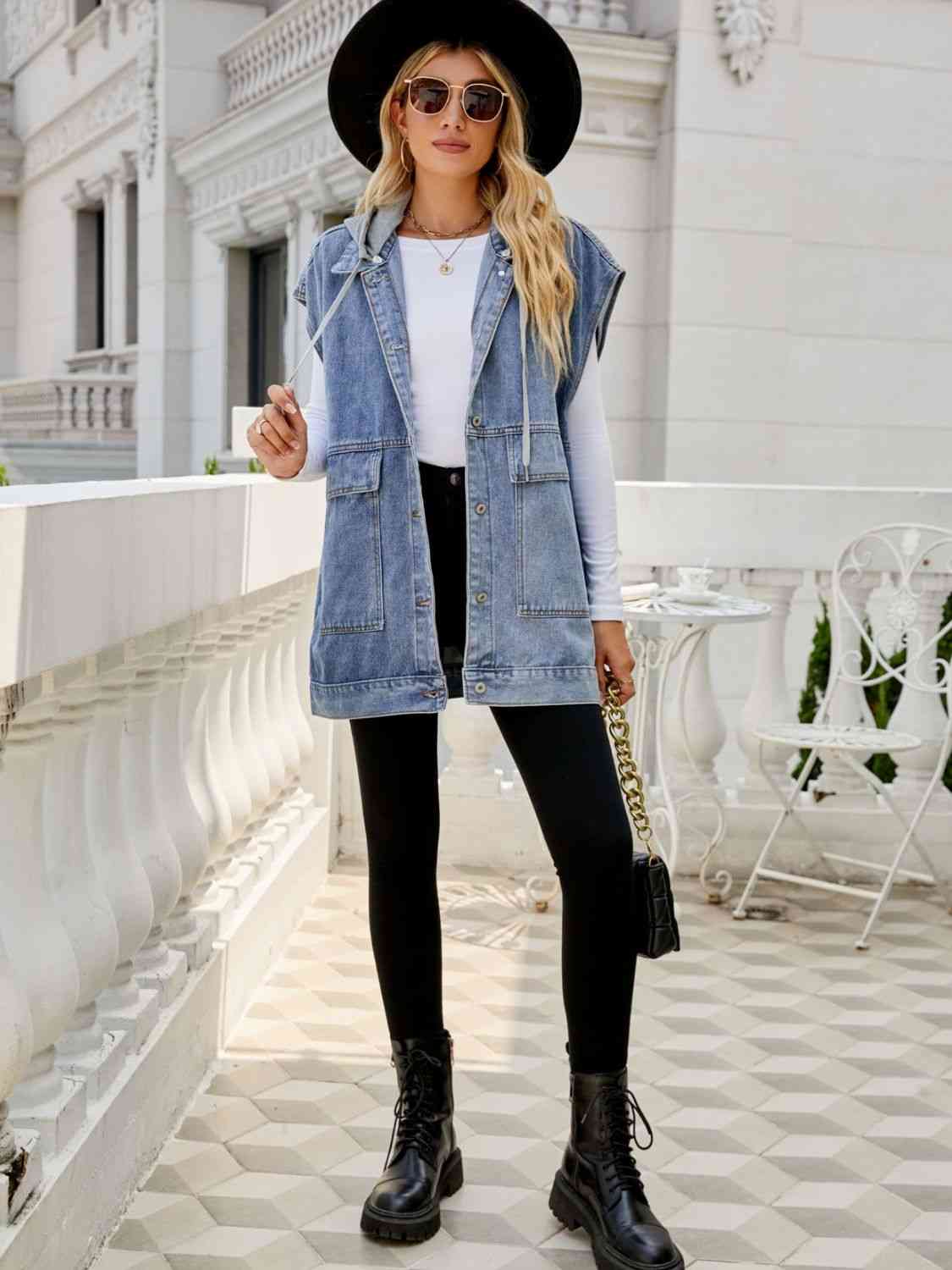 Hooded Sleeveless Denim Top with Pockets Bazaarbey