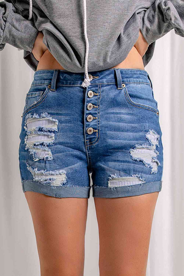 Distressed Button Fly Striped Lining Denim Shorts Bazaarbey