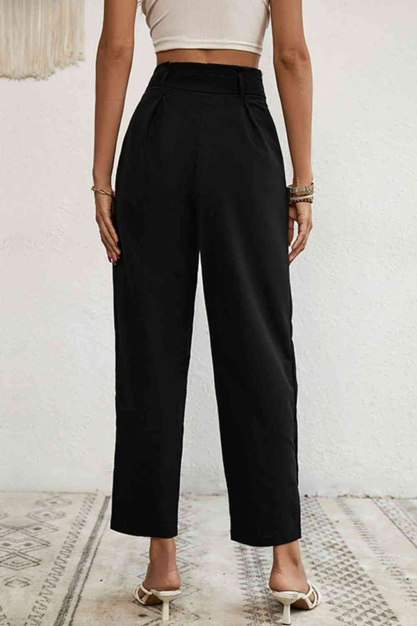 Buttoned Tie-Waist Cropped Pants Bazaarbey