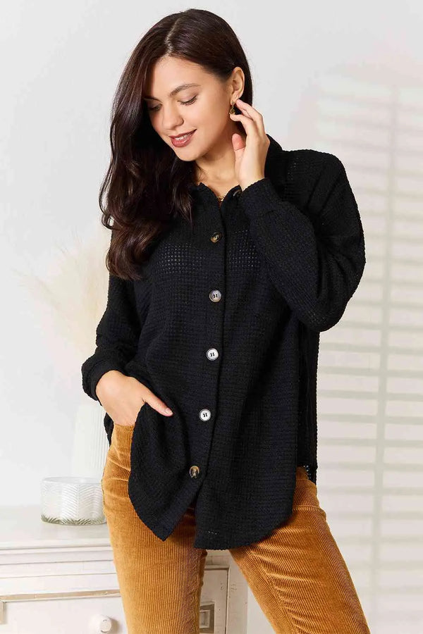  Waffle-Knit Collared Neck Dropped Shoulder Shirt Trendsi