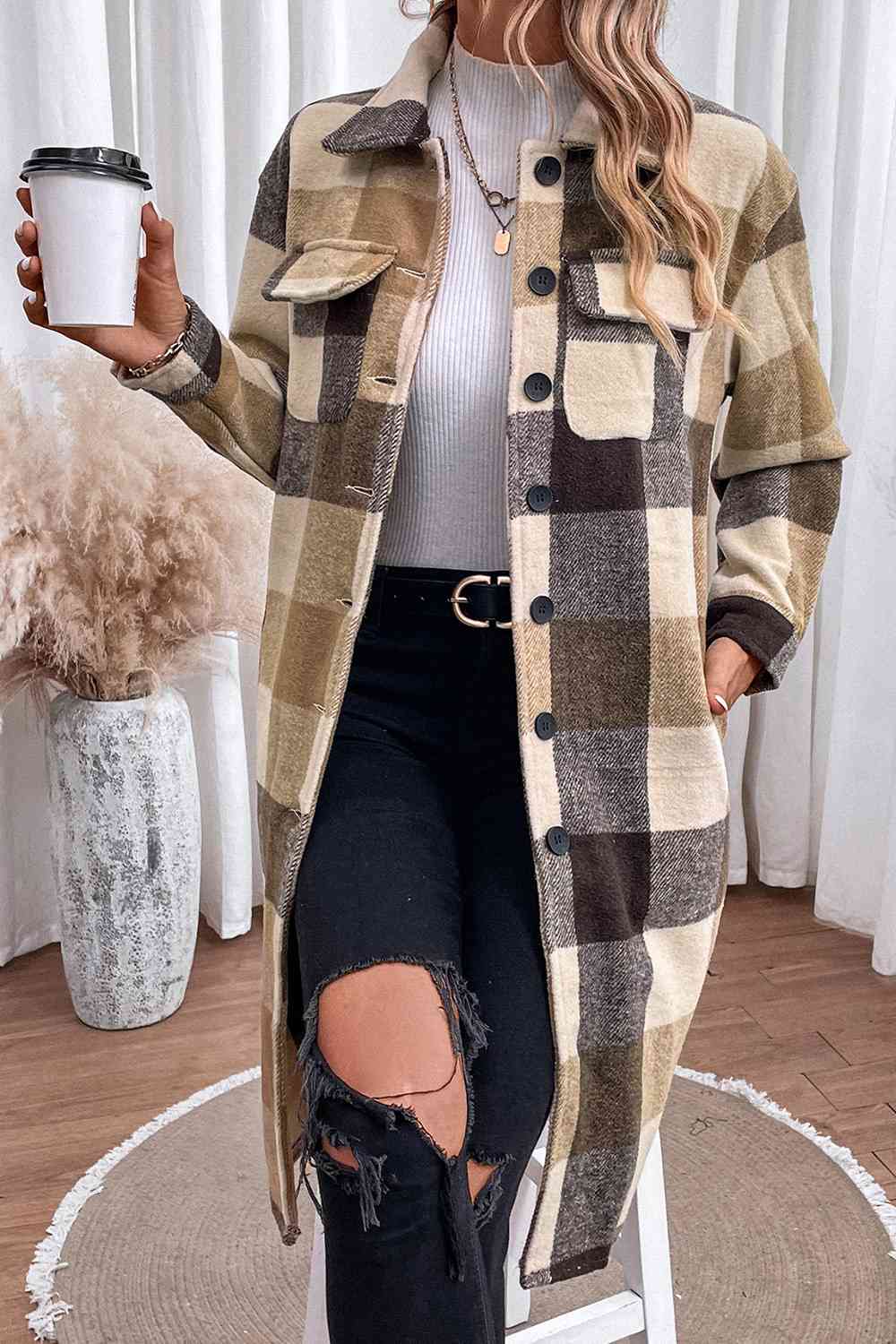 Plaid Button Down  Coat Trendsi