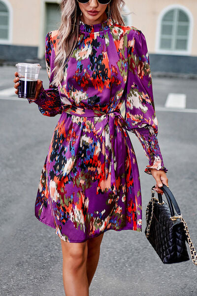 Printed Tie Waist Mock Neck Lantern Sleeve Dress -BazaarBey - www.shopbazaarbey.com