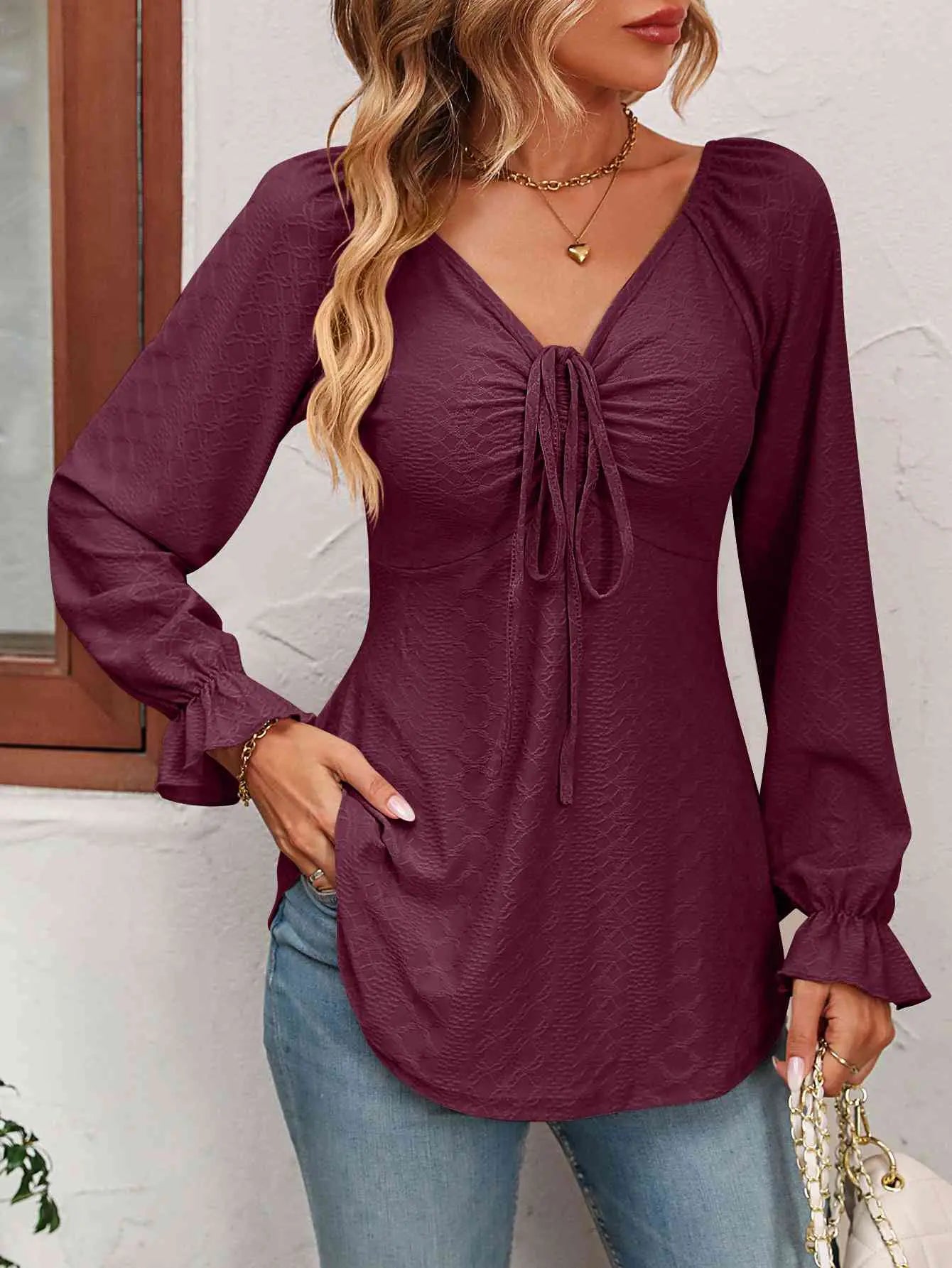 Tie Front V-Neck Puff Sleeve Blouse Bazaarbey