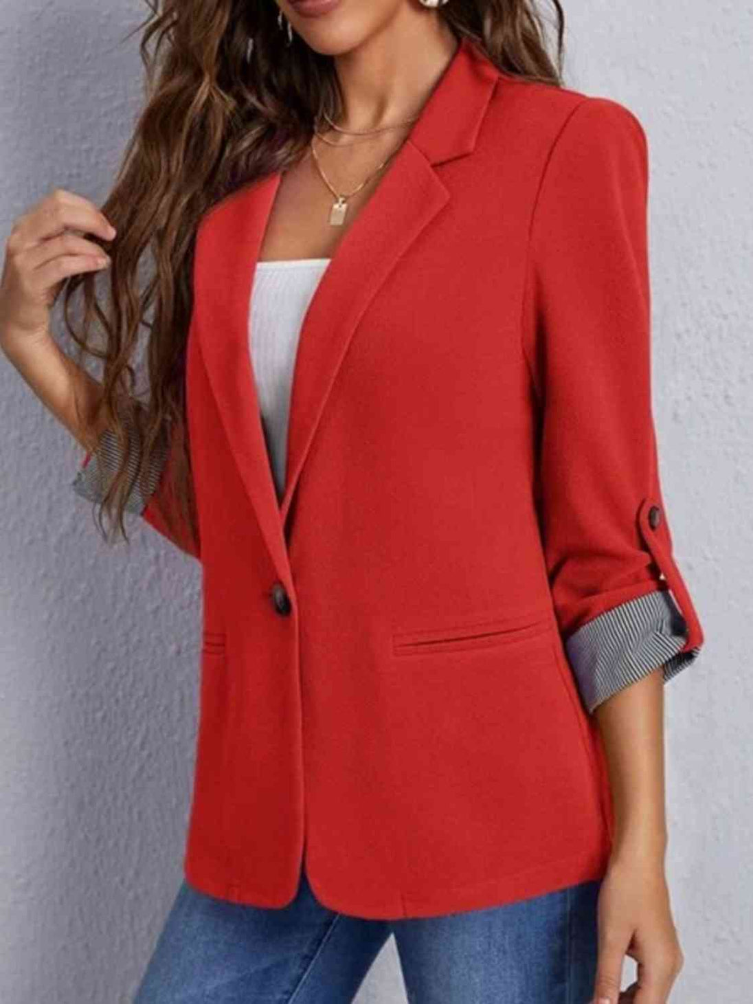 Lapel Collar Roll-Tab Sleeve Blazer Bazaarbey