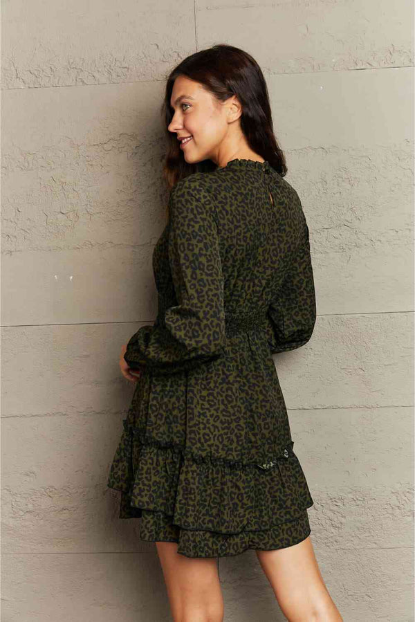 Leopard Smock Waist Long Sleeve Dress Bazaarbey