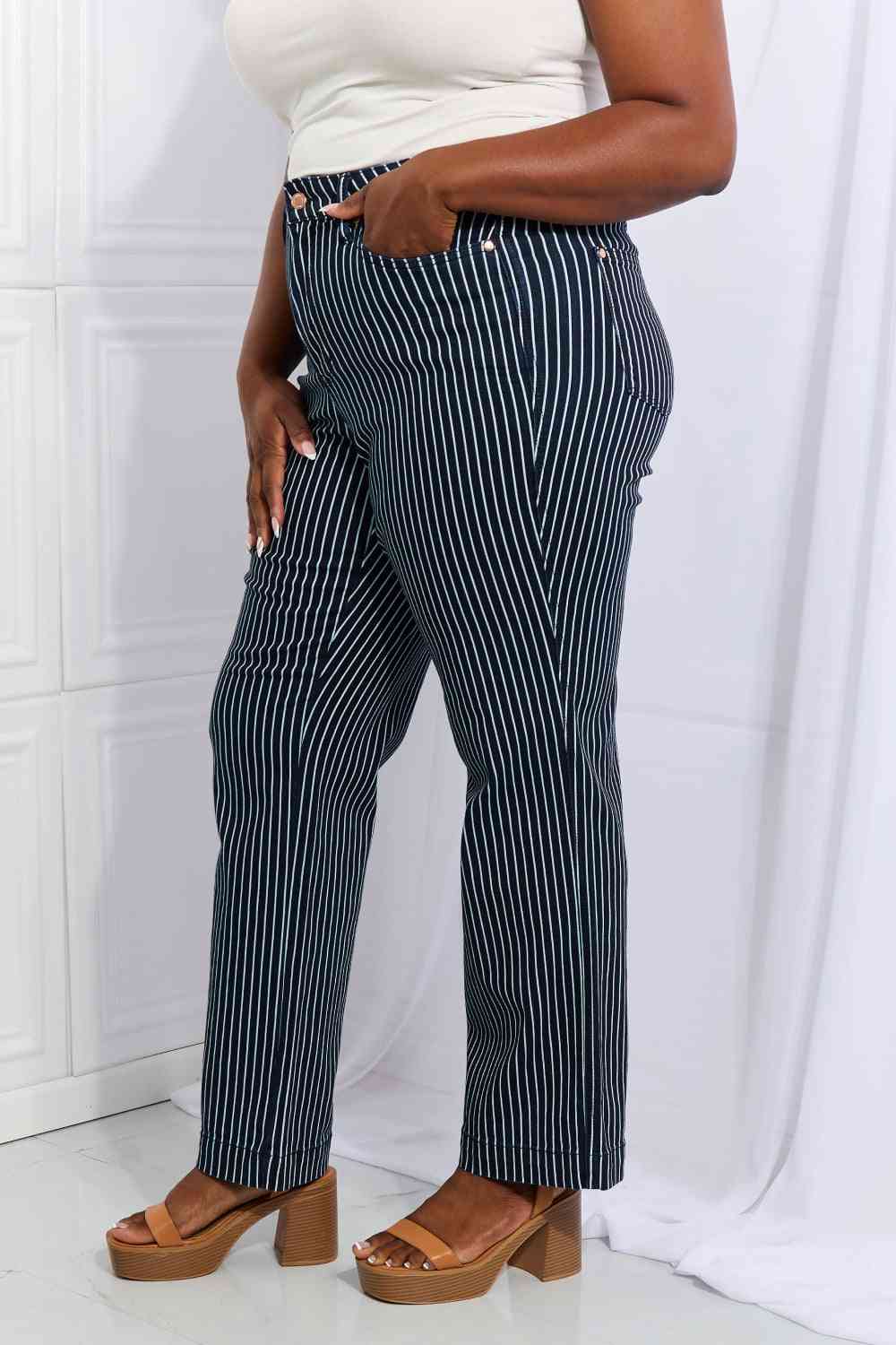    High Waisted Tummy Control Striped Straight Jeans Trendsi