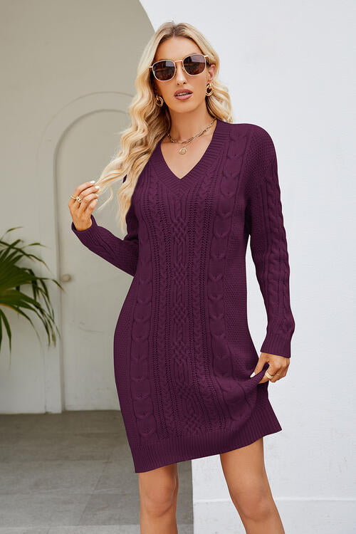 Cable-Knit Long Sleeve Sweater Dress Bazaarbey