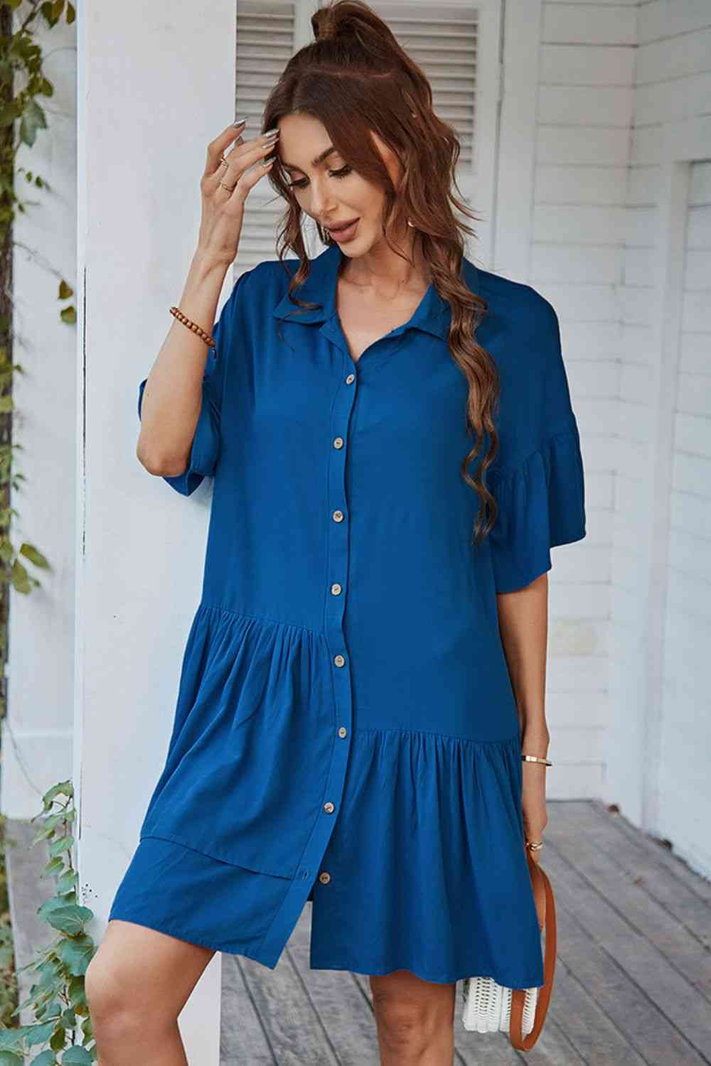 Button Down Collared Mini Dress -BazaarBey - www.shopbazaarbey.com