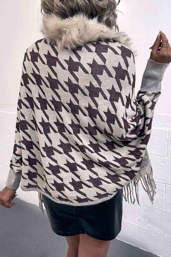 Houndstooth Fringe Hem Poncho Bazaarbey