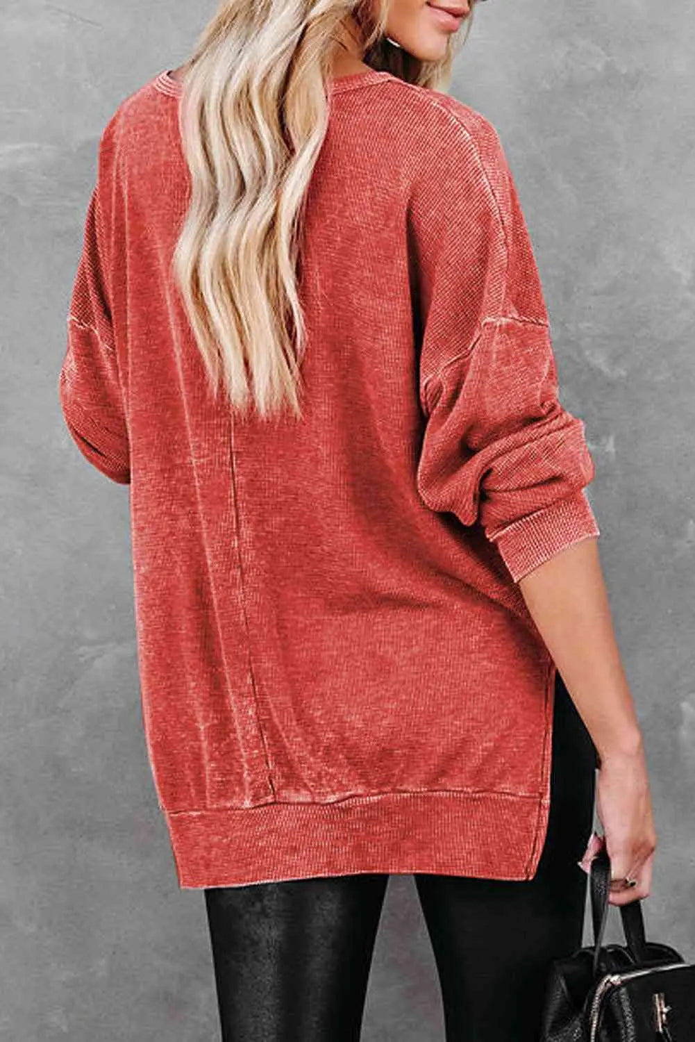 Waffle Knit Side Slit Drop Shoulder Sweatshirt Bazaarbey