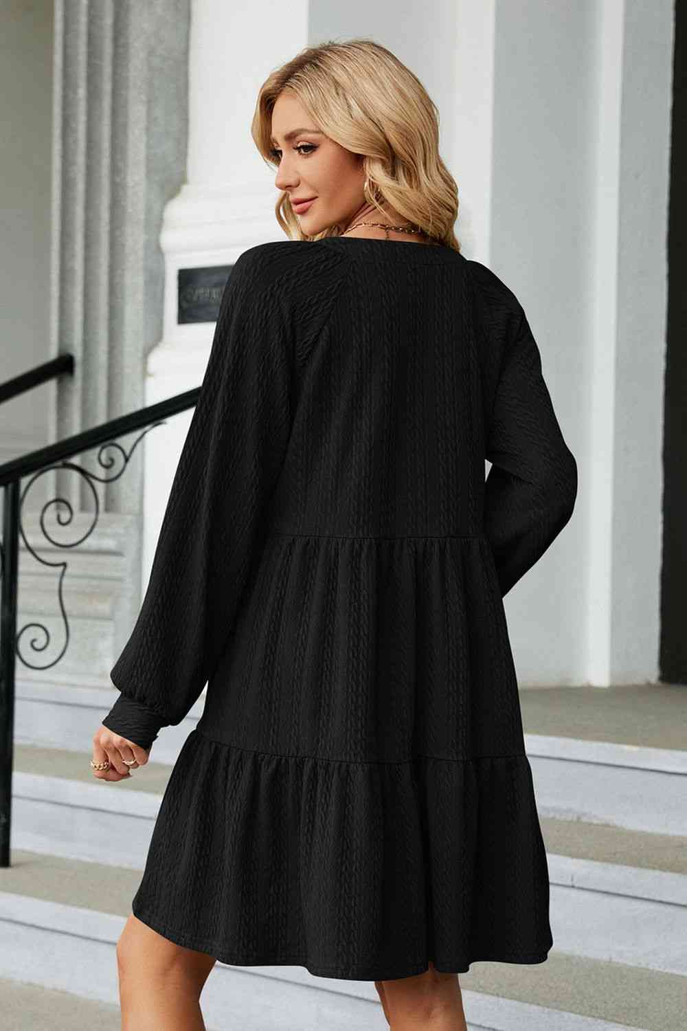 Notched Neck Long Sleeve Mini Dress Bazaarbey