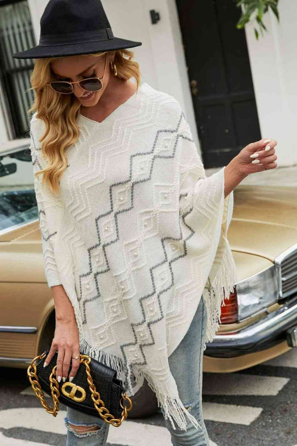 Pearl Trim V-Neck Fringe Hem Poncho Bazaarbey