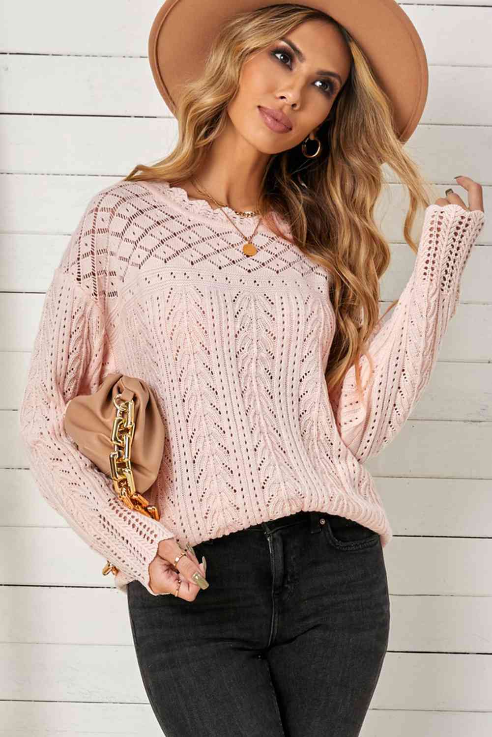  Scalloped Trim Knit Top Trendsi