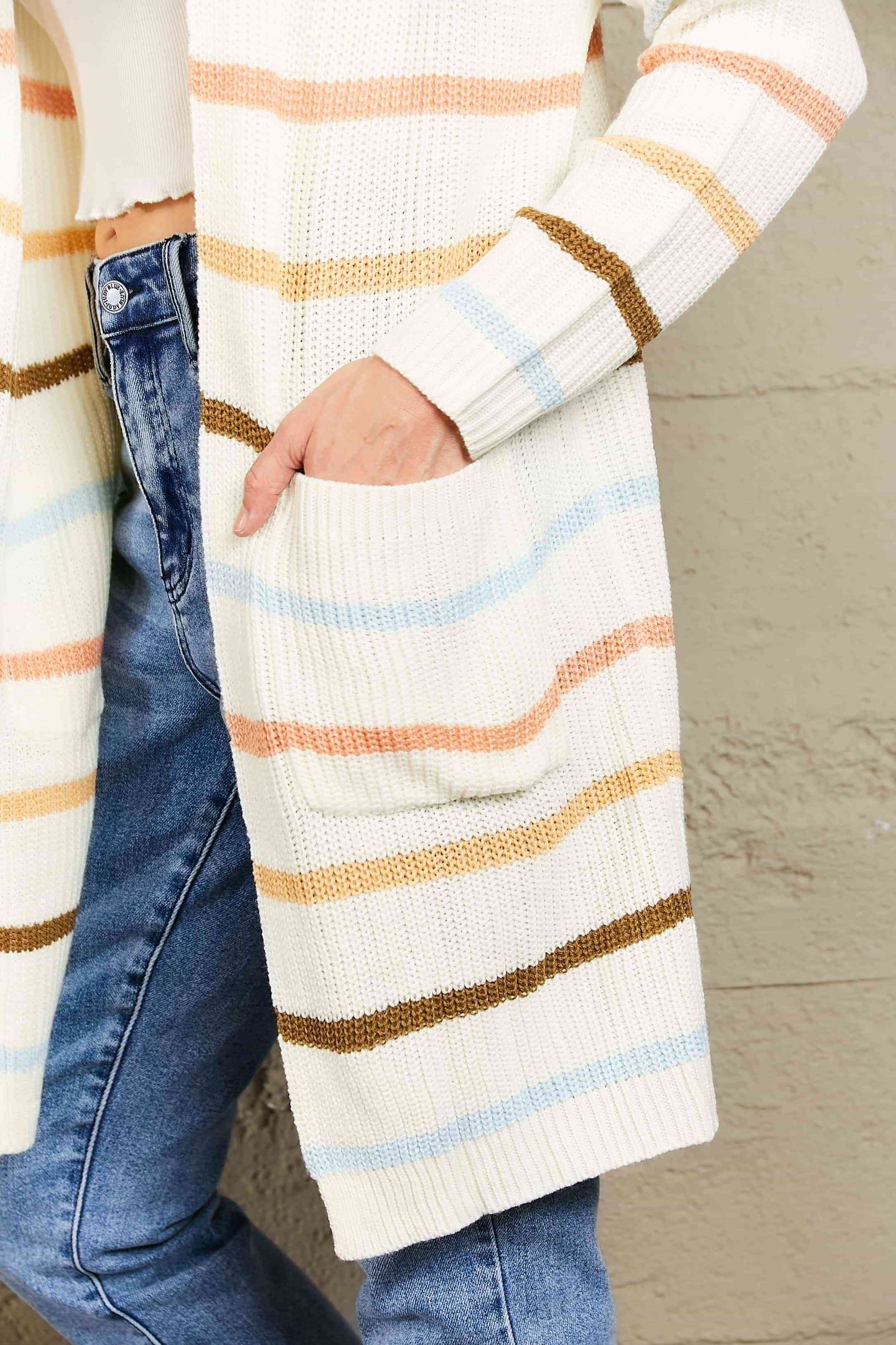 Woven Right Striped Rib-Knit Open Front Pocketed Cardigan Trendsi