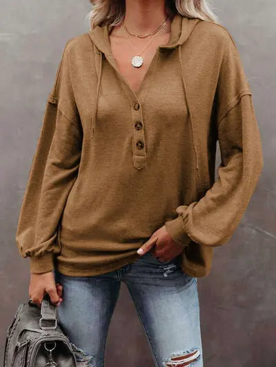 Buttoned Drop Shoulder Hoodie Bazaarbey