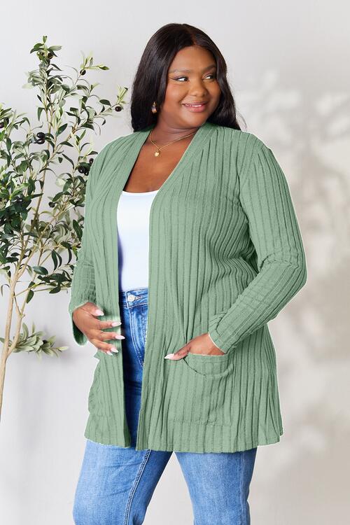   Ribbed Open Front Cardigan with Pockets Bazaarbey