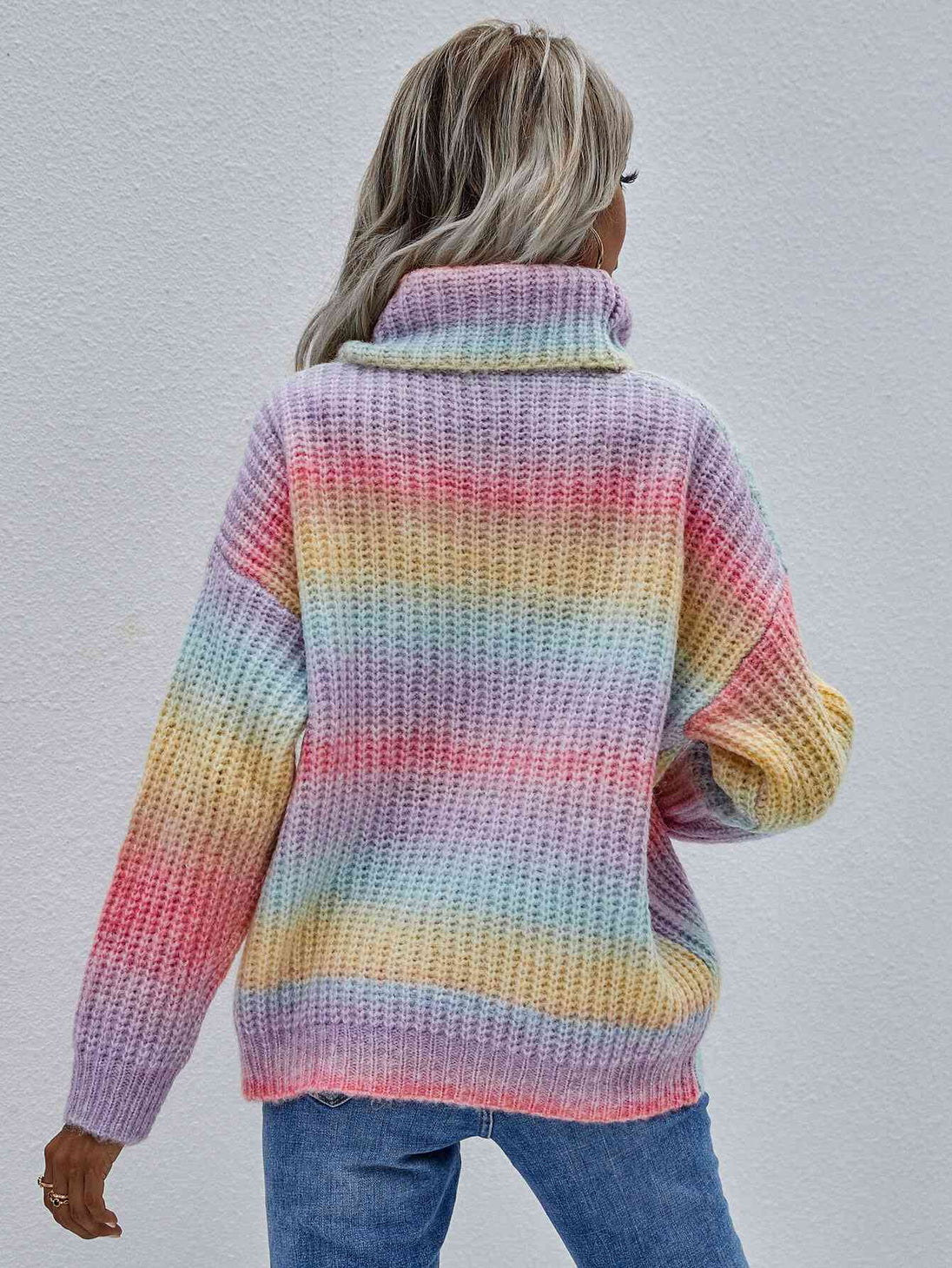 Rainbow Rib-Knit Turtleneck Drop Shoulder Sweater Trendsi