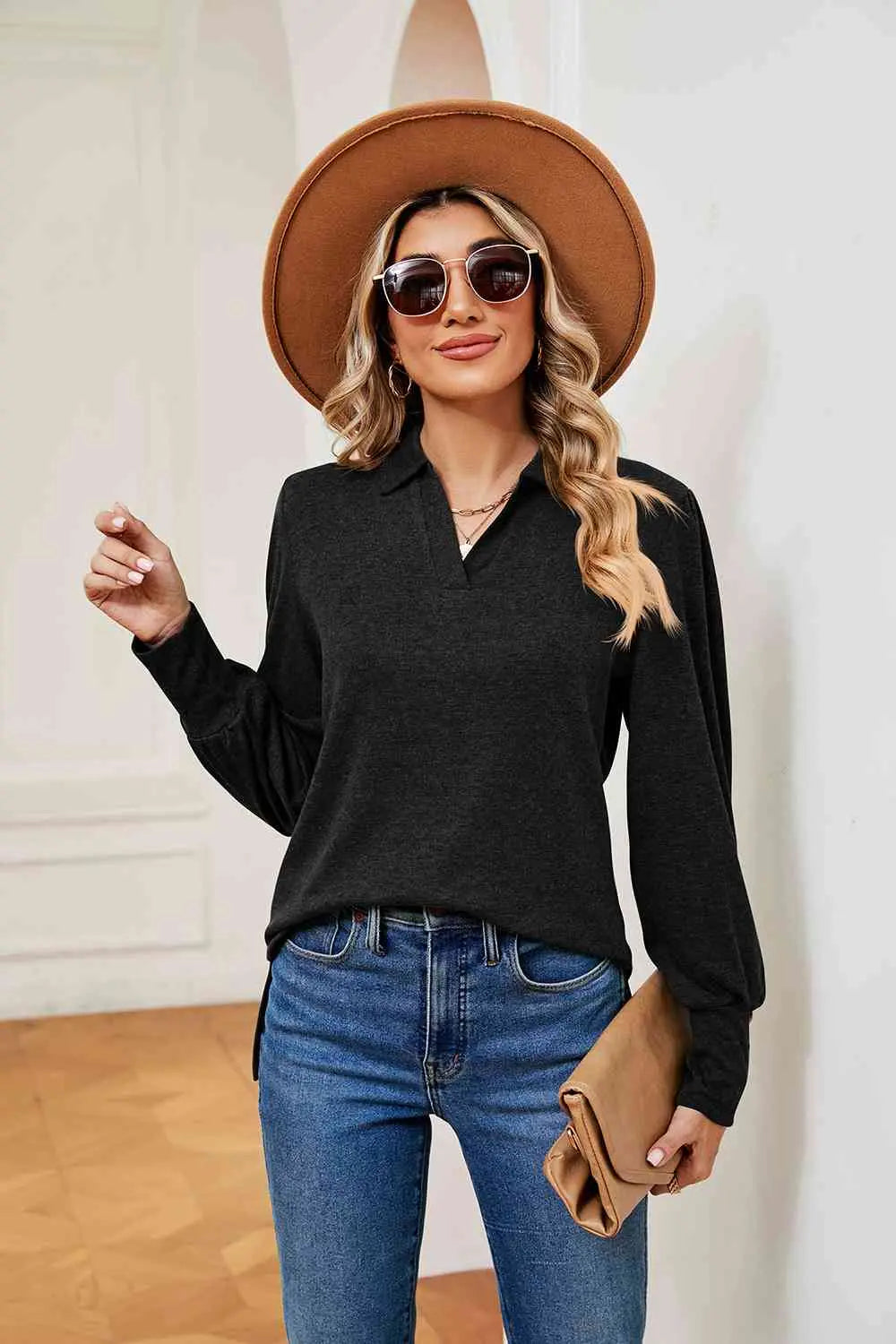 Johnny Collar Long Sleeve Top Bazaarbey