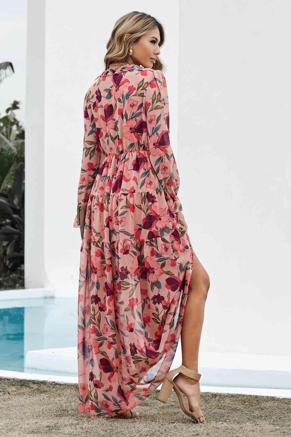 Floral Frill Trim Flounce Sleeve Plunge Maxi Dress Bazaarbey