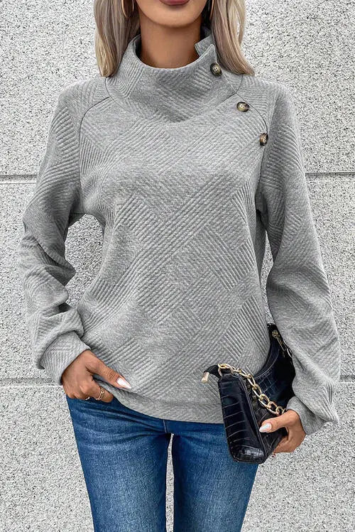 Geometric Buttoned Long Sleeve Sweatshirt Bazaarbey