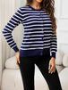 Striped Round Neck Long Sleeve Buttoned Knit Top Trendsi