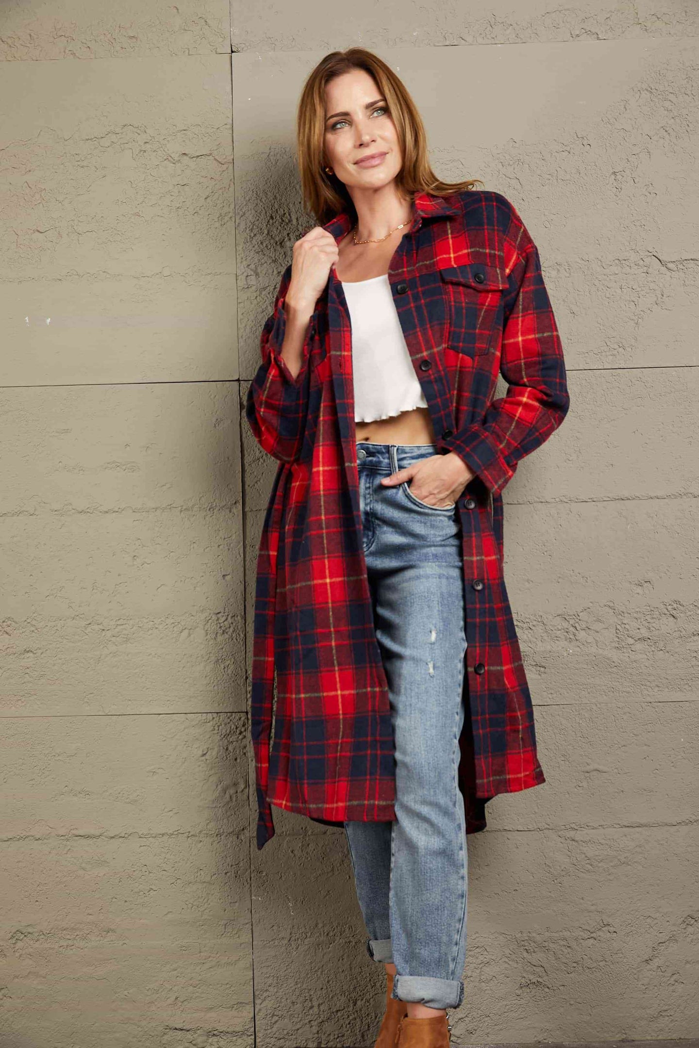  Plaid Belted Button Down  Shirt Jacket Trendsi